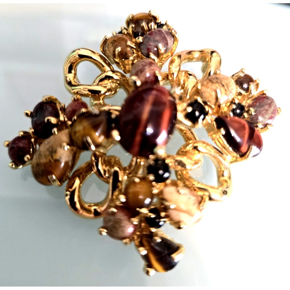 St. John Brooch pendant Tiger Eye and Agate cabochon stones Goldtone
